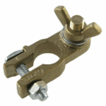 Batterieklemme “-“, Messingguss, mit Stehbolzen und Flügelmutter M8