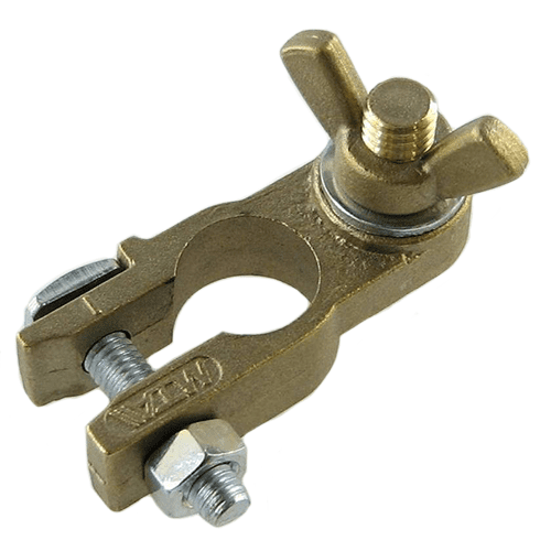 Batterieklemme ''-'', Messingguss, mit Stehbolzen und Flügelmutter M8