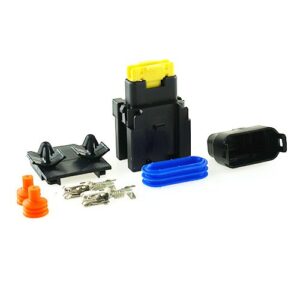 Blister mit: 0101320 Sicherungshalter, UniVal 20A, Splash-Proof, mit Deckel, Dichtung, Befestigung, Kontakten