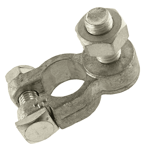 Batterieklemme "+" aus Messingguss, verzinnt, Batteriepoldurchmesser: 17,5mm,  Bolzen M10x33mm