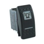 on-on Schalter, 12V/20A, Contura II, LED 1 grün hell, LED 2 rot hell, quadratische und schmale Linse weiß, Symbol „Rundumkennleuchte“