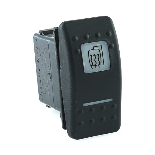 on-on<on Doppelschalter/Taster, 12V/20A, Contura II, LED 1grün hell, LED 2 rot hell, quadratische und schmale Linse weiß, Symbol "Spiegelheizung"