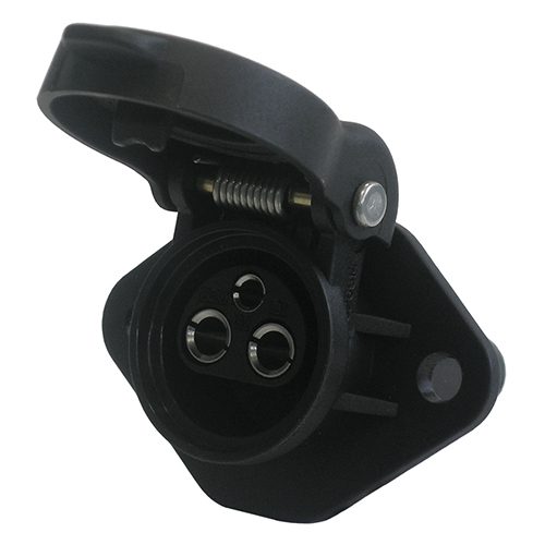 Anbaugerätestecker, 3-polige Steckdose, 6-24V, mit Befestigungsflansch (2 Löcher), mit Kontaktbuchsen, inkl. Schutzkappe
