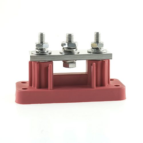 Verteiler mit 2x 5/16" und 1x 3/8"-Stehbolzen, gebrückt, rot