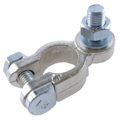 Batterieklemme "+" aus Messingguss, verzinnt, Batteriepoldurchmesser: 17,5mm, Bolzen M8x16mm