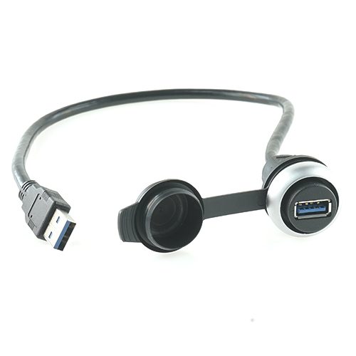 USB 3.0 Einbaudose, Typ A/A Buchse/Stecker 1:1, Frontalmontage mit Gewinde M22, mit 0,3m Kabel, Schutzkappe
