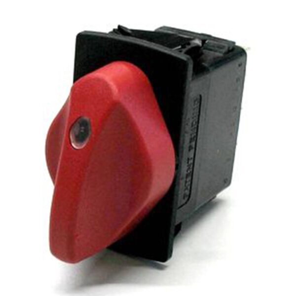 on-on-on  Drehschalter 24V/15A, 1 LED 1 rot, Linse 1 klar, Drehknopf rot