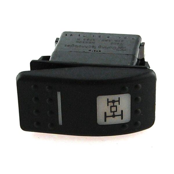 on-on Schalter, 12V/20A, Contura II, LED 1 grün hell, LED 2 rot, quadratische und schmale Linse weiß, Symbol "Allradantrieb"