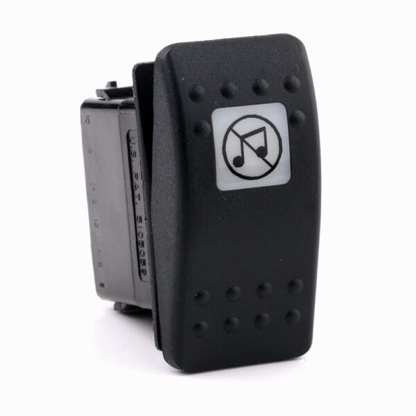 on>on Taster, 12V/20A, Contura II, LED 2 grün hell, quadratische Linse weiß, Symbol "Stummschaltung"