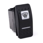 on>off<on Taster, 12V/20A, Contura II, LED 1 grün hell, LED 2 rot hell, quadratische und schmale Linse weiß, Symbol „Frontscheibenheizung“