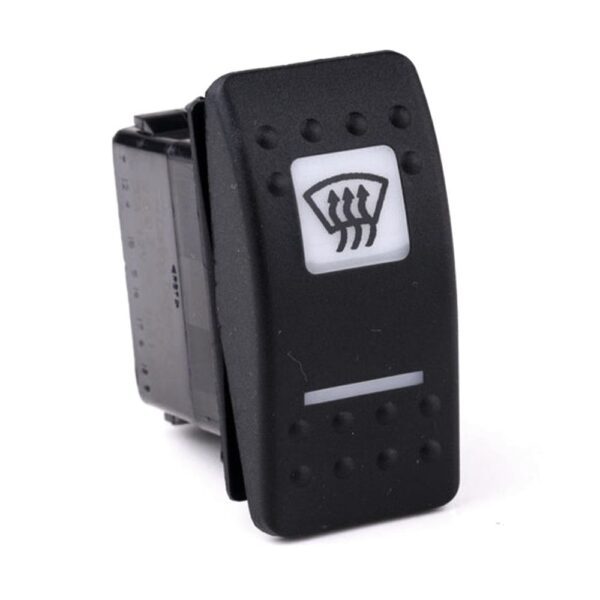 on>off<on Taster, 12V/20A, Contura II, LED 1 grün hell, LED 2 rot hell, quadratische und schmale Linse weiß, Symbol "Frontscheibenheizung"