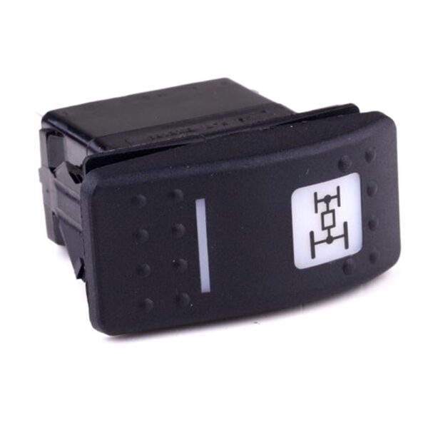 on-on<on Doppelschalter/Taster, 12V/20A, Contura II, LED 1 rot hell, LED 2 grün hell, quadratische und schmale Linse weiß, Symbol "Allradantrieb"