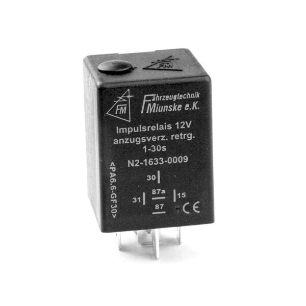 Impulsrelais 12V, 1...30s einstellbar, anzugverzögert, nicht potentialfrei, positiv getriggert, retriggerbar