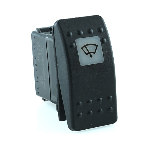 on-on-on Doppelschalter, 12V/10A, Contura II, LED 1 grün hell, quadratische Linse weiß, Symbol "Scheibenwischer front"