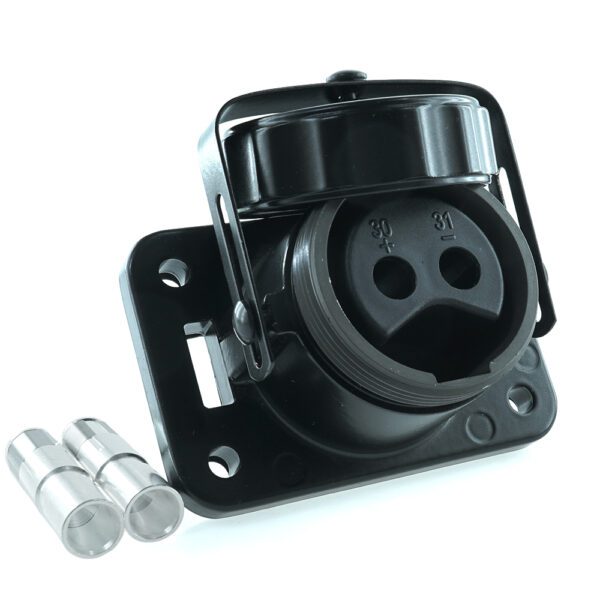 Steckdose 24 V, 2-polig, mit Crimp-/Lötkontakten für 50 mm² Leitung, schwarz