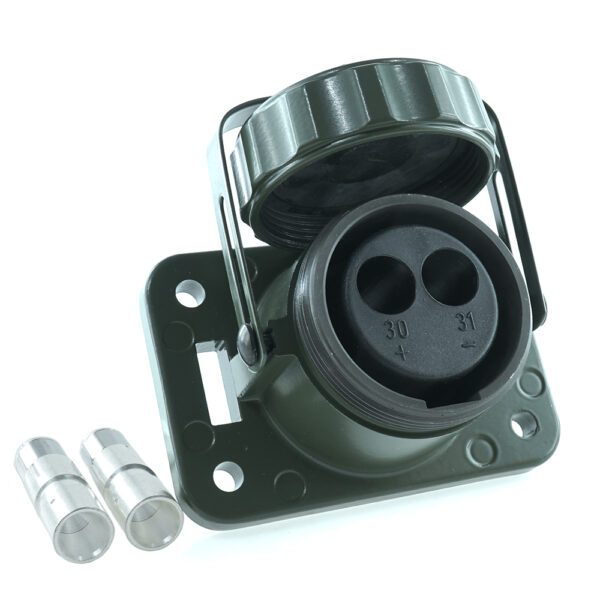 2-polige Steckdose 24V, olivgrün, Crimp/Lötkontakte 50mm², mit Schutzkappe
