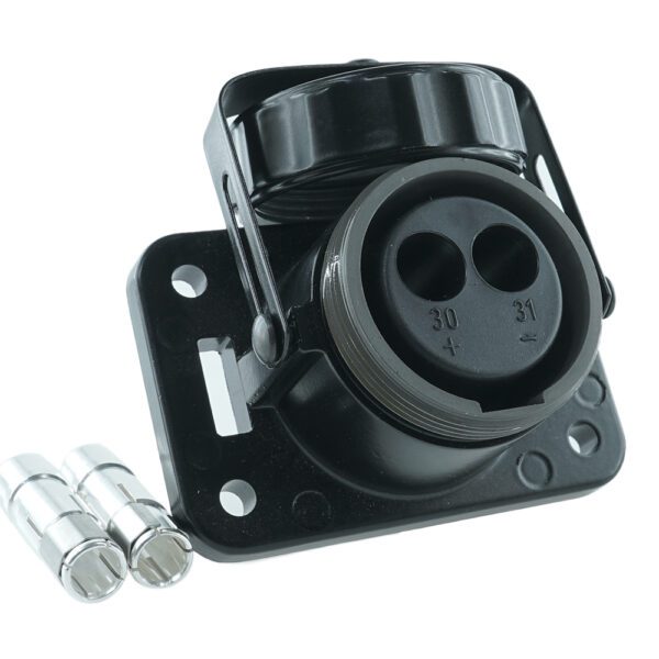 2-polige Steckdose, 24V, schwarz, mit Crimp-/Lötkontakten für 35mm² Leitung, mit Schraubkappe