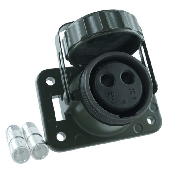 2-polige Steckdose 24V, bronzegrün, Crimp/Lötkontakte 50mm², mit Schraubdeckel